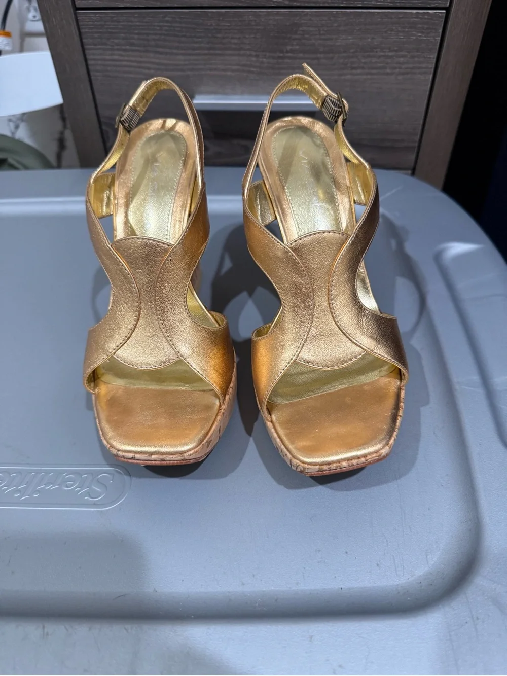 Via Spiga Gold Leather Women's Slingback platform strappy wedge Sandals 6.5